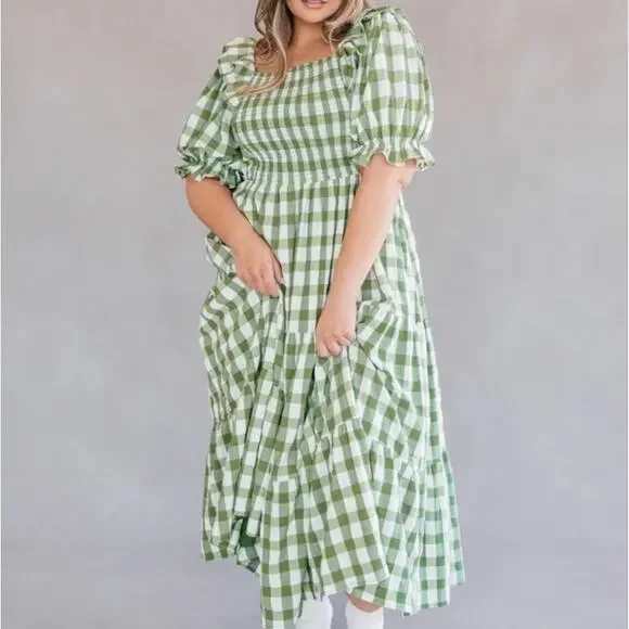 JessaKae Orchard Green & White Gingham Dress Cottagecore Prariecore Elastic | S - Picture 16 of 16